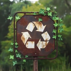 A rusty sign featuring a visible recycling symbol, surrounded by green vines, highlighting environmental awareness