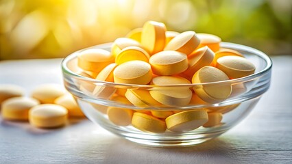 Bowl of vitamin C supplements on wooden surface