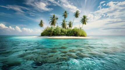 Poster - A remote tropical island with clear turquoise waters, palm trees, and a secluded white sandy beach