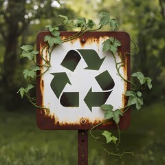 A rusty sign featuring a visible recycling symbol, surrounded by green vines, highlighting environmental awareness