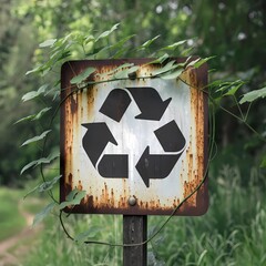 A rusty sign featuring a visible recycling symbol, surrounded by green vines, highlighting environmental awareness