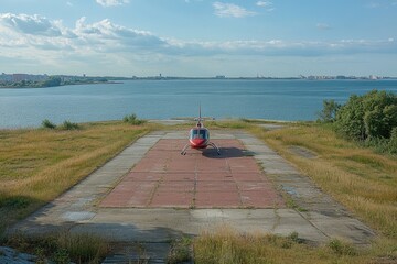 Red helicopter parked on helipad by water with city skyline in background