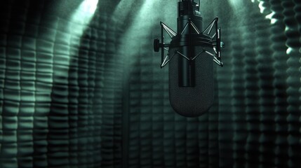 Wall Mural - a high-end studio microphone suspended by an isolation mount, with soundproof padding in the backgro