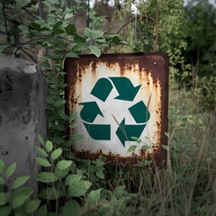 A rusty sign featuring a visible recycling symbol, surrounded by green vines, highlighting environmental awareness