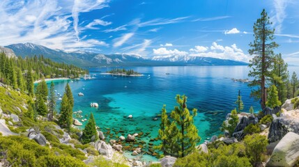 Poster - A scenic Lake Tahoe view with crystal-clear blue water, surrounding snow-capped mountains, and pine trees
