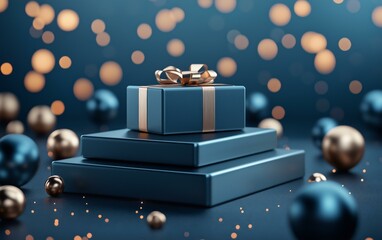 Blue Gift Box with Gold Ribbon on a Festive Background, digital luxury elegant modern background for product placement