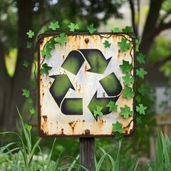 A rusty sign featuring a visible recycling symbol, surrounded by green vines, highlighting environmental awareness