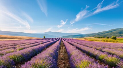 Poster - A scenic view of a lavender field in Provence with rolling hills and a clear blue sky, picturesque setting with vibrant purple tones, Countryside style