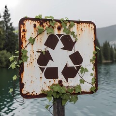 A rusty sign featuring a visible recycling symbol, surrounded by green vines, highlighting environmental awareness