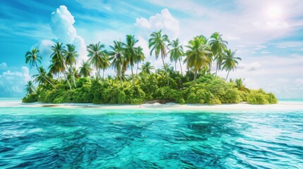 Aufkleber - A scenic view of a remote tropical island with pristine beaches, turquoise waters, and lush palm trees under a clear sunny sky