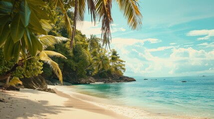 Aufkleber - A scenic view of a remote tropical island with pristine beaches, turquoise waters, and lush palm trees under a clear sunny sky