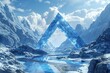 © Shweta - abstract virtual landscape with blue rocks and mountains. Surreal wallpaper, fantastic background with triangular portal