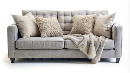 Wall Mural - Cozy and comfortable couch with pillows and fur quilt on white background
