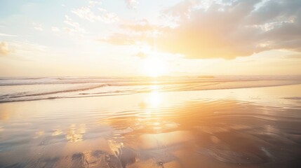 Poster - A serene beach at sunrise with soft golden light and gentle waves, Coastal setting with tranquil sunrise, Tranquil style