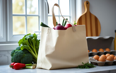 Fabric bag, shopper with fresh vegetables and herbs on a wooden tabletop in a light kitchen. Ecological and healthy food, life without garbage.