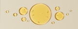 High-quality close-up of golden liquid oil drops on a beige surface, 3d rendering face serum cosmetic abstract background