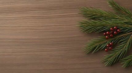 christmas Festive decoration with evergreen pine branches and red berries on a wooden backdrop