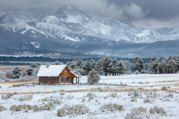 Sticker - A cozy cabin surrounded by snow and mountains