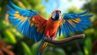© nonni - Vibrant Macaw Spreading Wings in Tropical Setting