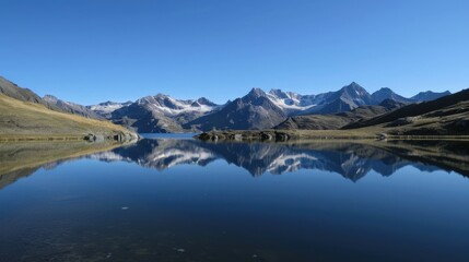 Poster - A serene mountain lake reflecting snow-capped peaks under a clear blue sky, Alpine setting with pristine nature, Tranquil style