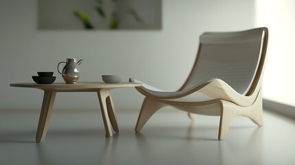 A wooden chair with a white woven seat and a wooden table with a silver pitcher and two bowls.