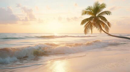 Poster - A serene sunrise over a tranquil beach with gentle waves and a lone palm tree, tropical setting with soft morning light, Peaceful style
