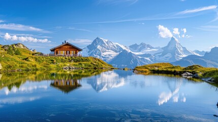 Poster - A serene view of a mountain lodge overlooking a pristine alpine lake with snow-capped peaks in the distance and a clear, blue sky, peaceful setting with cool