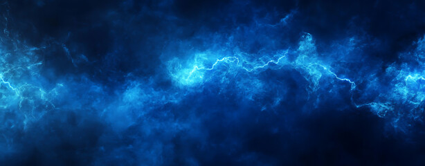 Wall Mural - blue electric light background with thunder and energy, featuring a striking lightning frame against