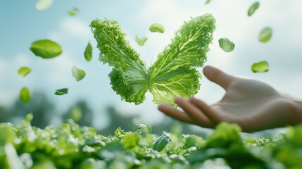 Person Holding Butterfly-Shaped Lettuce in Garden