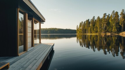Aufkleber - A serene view of a traditional Finnish sauna by a tranquil lake with a backdrop of dense pine forests and a clear, serene sky, peaceful setting with cool colors