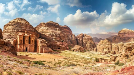 Aufkleber - A serene view of the ancient city of Petra with its rose-red rock-cut architecture and the dramatic desert landscape surrounding it, historic setting with warm reds and browns, Petra style