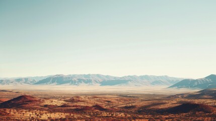 Poster - A serene view of the Australian Outback with vast red deserts and distant mountain ranges under a bright, clear sky, desert setting with expansive beauty