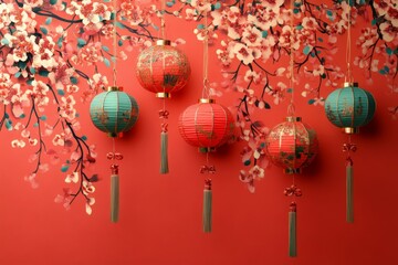 Chinese new year paper decorations on a red background copy space . ai generated