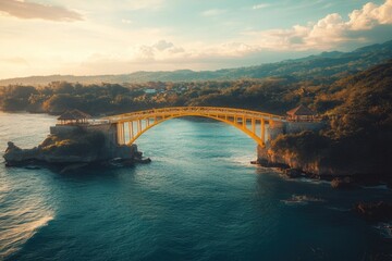 A bright yellow bridge spans the surface of a calm body of water, perfect for use in travel or outdoor-themed projects