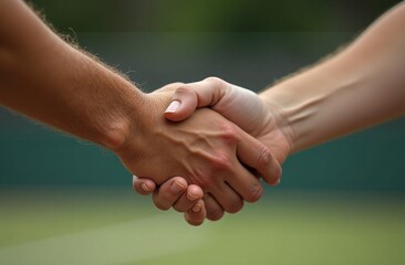 Two tennis players in sportswear shaking hands with each other