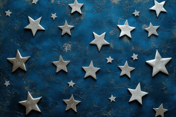 Wall Mural - festive christmas background with silver glitter stars scattered on a navy blue textured surface, cr