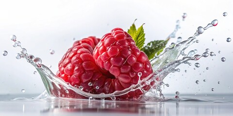 Wall Mural - Panoramic raspberries falling with water splash on white background