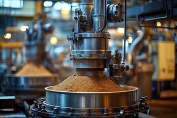 Industrial mixer churning raw materials in a large factory, with focus on the machinery’s metal details and controlled environment in the background