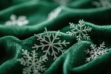 Silver snowflakes decorations lay on a luxurious deep emerald green velvet fabric, creating a festive christmas scene