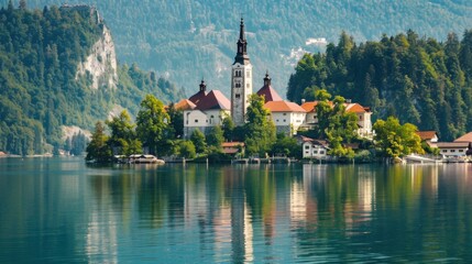 Aufkleber - A serene view of the traditional wooden houses and tranquil waters of Lake Bled with the iconic church island and castle, alpine setting with lush greens and clear blues, Lake Bled style