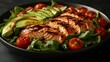 © ThuyTrang - A salmon salad with grilled salmon, avocado chunks, cherry tomatoes, and a balsamic glaze, placed on a dark background, vibrant colors popping under soft lighting, gentle shadows adding depth,
