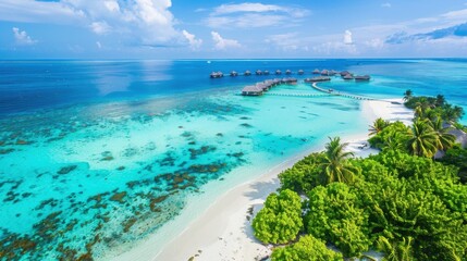 Poster - A serene view of the tranquil beaches and coral atolls of the Maldives with overwater bungalows and crystal-clear waters, tropical setting with bright blues and lush greens, Maldives style
