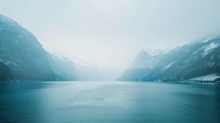 Poster - A serene view of the tranquil fjords and snow-capped peaks of Norway with misty waters and rugged terrain, fjord setting with cool blues and crisp whites, Norway style