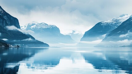 Poster - A serene view of the tranquil fjords and snow-capped peaks of Norway with misty waters and rugged terrain, fjord setting with cool blues and crisp whites, Norway style