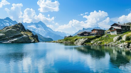 Poster - A serene view of the tranquil lakes and rugged mountains of Switzerland with picturesque alpine chalets and clear skies, alpine setting with cool blues and soft whites, Switzerland style