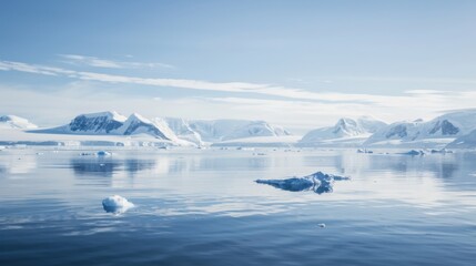 Poster - A serene view of the tranquil waters and floating icebergs of Antarctica with vast, icy landscapes and a clear, cold sky