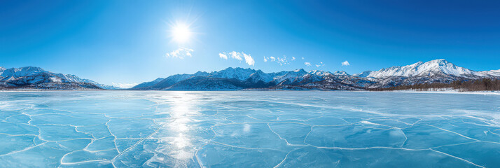 Wall Mural - stunning panoramic view of frozen lake surrounded by majestic mountains under clear blue sky. sunlight reflects beautifully on ice, creating serene and tranquil atmosphere