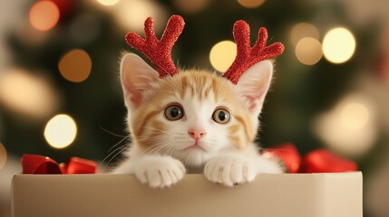 A cute cat with festive antlers peeks from a box, surrounded by holiday decorations, embodying the spirit of Christmas cheer.