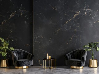 Two black velvet armchairs with gold accents stand in front of a black marble wall with gold veins A gold table with a vase of greenery sits between them