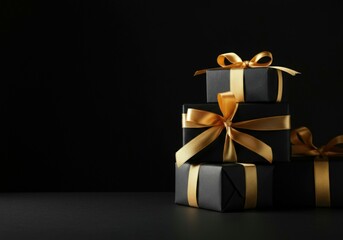 Wall Mural - black wrapped gift boxes decorated with golden ribbon bows are arranged on a dark background, creati